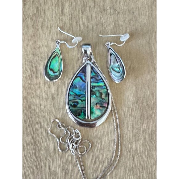 Abalone Pendant Necklace & Matching Earrings Set Sterling Silver Jewelry Elegant - Picture 2 of 6